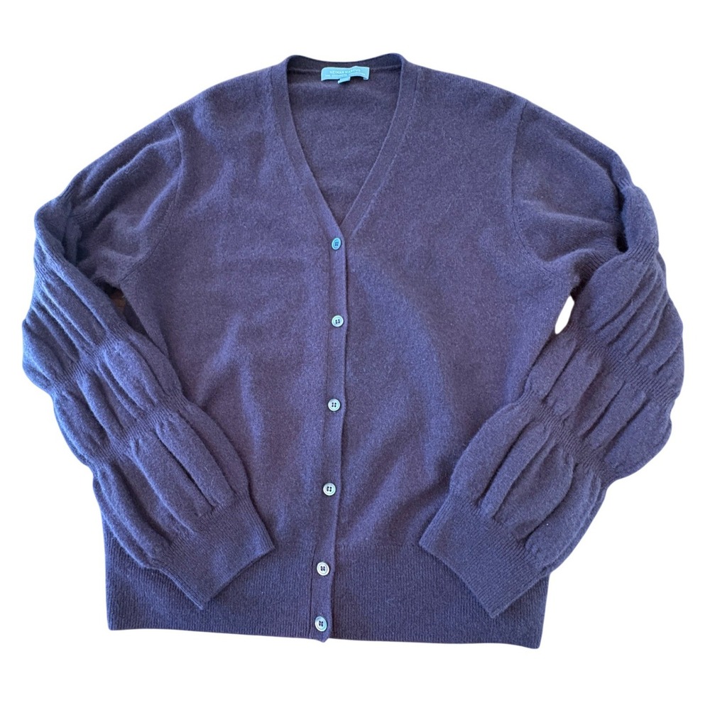 Neiman Marcus Cashmere Cardigan Plum Purple Tiered Puff Sleeve V-Neck Sweater XS